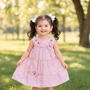 RARE EDITIONS~Girls Pink Seersucker Striped Sundress~Butterfly Appliqué~3T~112